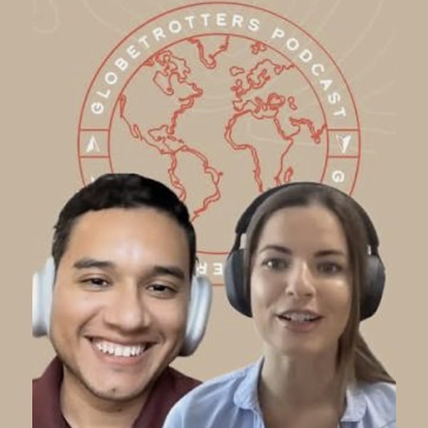 Melanie Marsell recording her episode with the Globetrotters Podcast host