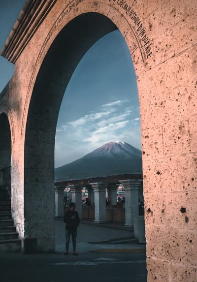 The El Misti volcano framed by a colonial arch in Arequipa, Peru.