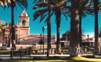 The white-stone cathedral and Plaza de Armas of Arequipa, Peru.