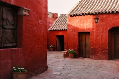 The terracotta walls of the Santa Catalina Monastery in Arequipa, Peru.