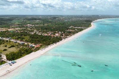 An aerial view of a long turquoise reef-fringed beach on the Bahia coast, dark reef visible in the clear shallows, Brazil.