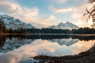 Sunset reflects on a lake in the Bariloche lake district, Argentina.