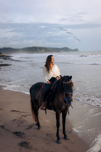 A woman rides a horse along the wet sand at the water's edge as pelicans fly past at dusk on a Pacific beach at Rancho Santana, Nicaragua.