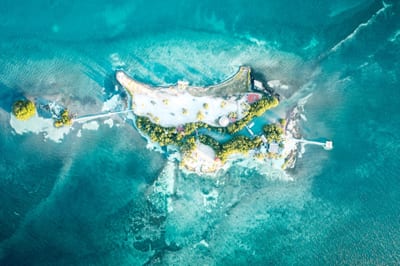 Aerial view of a small green island ringed by turquoise reef water in Bocas del Toro, Panama