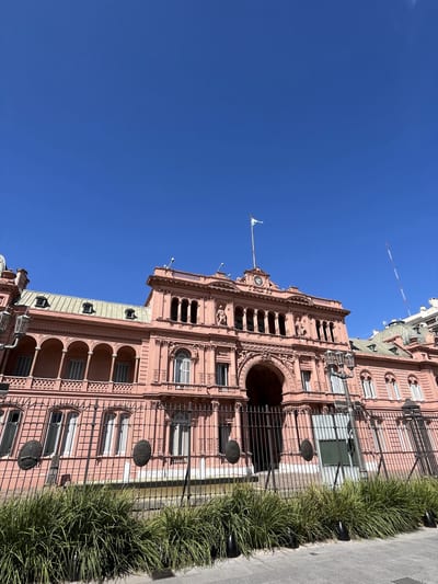 The pink facade of the Casa Rosada on Plaza de Mayo, Buenos Aires, Argentina.