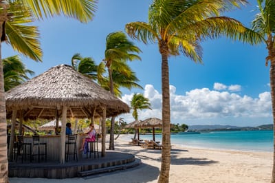 A shade palapa on a white-sand Caribbean beach.