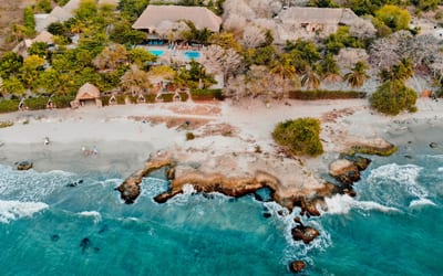 Aerial turquoise Caribbean shoreline near Cartagena, Colombia.