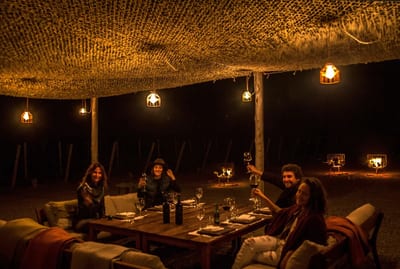 Two couples raising wine glasses around a low table under a woven canopy strung with lanterns, at a night vineyard dinner at Casa de Uco, Uco Valley, Mendoza, Argentina