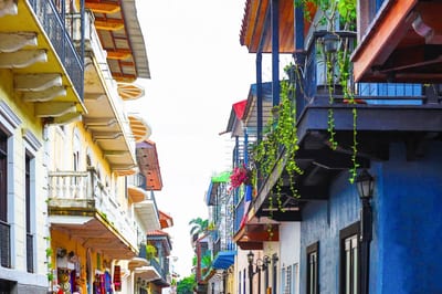 Pastel colonial facades and church spires of Casco Viejo, the UNESCO-listed historic quarter of Panama City.