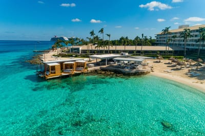 Aerial view of a luxury beachfront resort on Cozumel with overwater cabanas, thatched palapas and loungers above clear turquoise Caribbean water, a cruise ship on the horizon, Mexico.