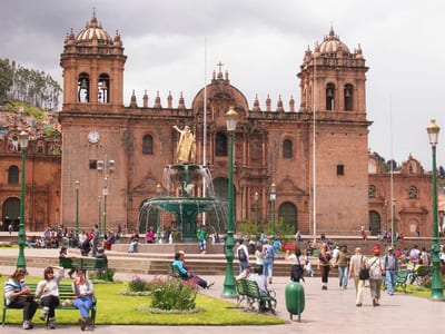 The Plaza de Armas and cathedral in the Inca capital of Cusco, Peru.