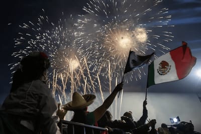 Person waving a Mexican flag against a sky full of fireworks on Independence Day night