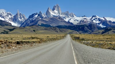 The jagged peaks of Mount Fitz Roy rise over the Patagonian steppe near El Chaltén, Argentina.