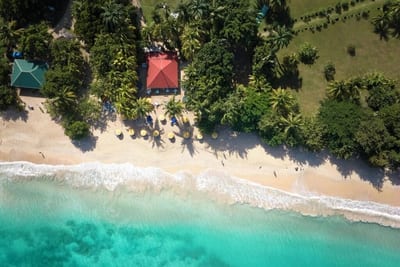 Aerial overhead view of a curving Caribbean beach with turquoise water, white sand, palm trees, and beach umbrellas at Mount Cinnamon Beach & Wellness Resort, Grenada.