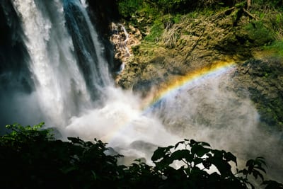 A rainforest waterfall with rainbow mist in the lush green jungle of Honduras, near the Pico Bonito and La Ceiba region.