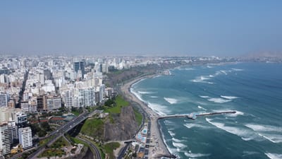 Lima's Miraflores cliffs and Pacific coastline, Peru.