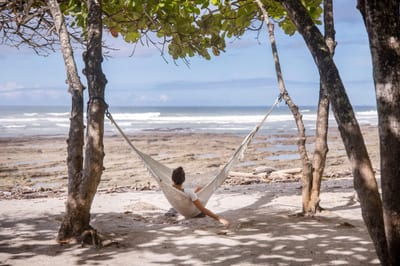 A person relaxes in a hammock tied between two trees on a sandy beach, facing the ocean. The tide is low, revealing rocky patches along the shore. Green leaves overhead provide dappled shade, while gentle waves roll in the distance under a partly cloudy sky.