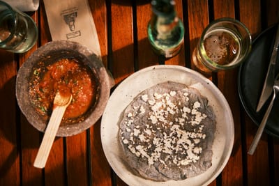 Bowls of Oaxacan mole and local cuisine, Mexico.