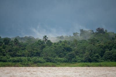 A jungle river winds through the rainforest of the Peruvian Amazon.