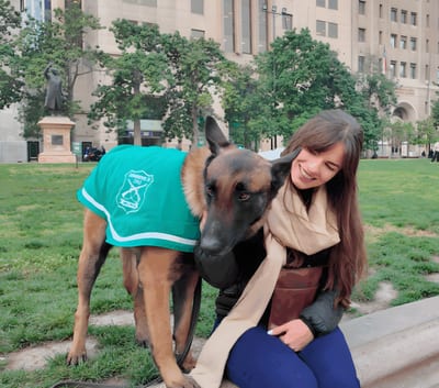 Smiling woman sitting on a low wall, hugging a Belgian Malinois police dog in a green vest, with a park and large building in the background at Plaza de Armas in Santiago, Chile.