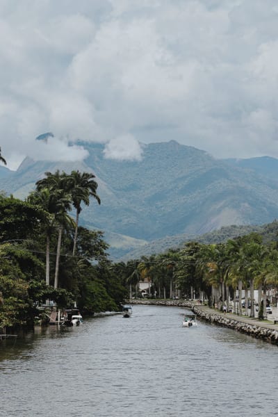 Small boats rest on the calm green water of a palm-lined channel below the forested Serra do Mar near Saco do Mamanguá, Paraty, Brazil.