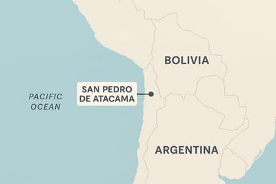 Map of South America's southern cone marking the location of San Pedro de Atacama in northern Chile, between the Pacific Ocean, Bolivia, and Argentina.